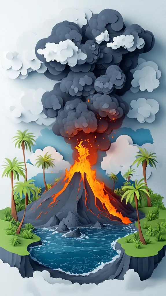 A vibrant paper art depiction of a volcanic eruption.  A dark, billowing plume of smoke rises above a fiery, active volcano nestled amongst lush tropical palm trees.  Lava flows down the volcano's slopes towards a dark blue ocean, creating a dramatic contrast between the fiery eruption and the tranquil coastal scene. The style is reminiscent of layered paper cutouts, creating a three-dimensional effect.