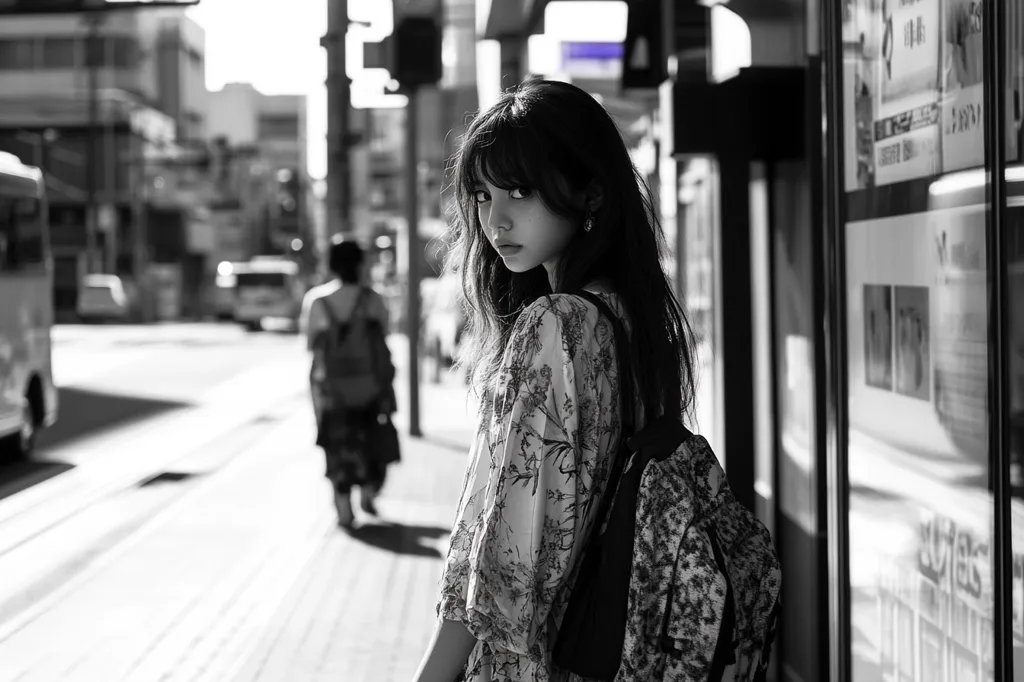 A young woman with long dark hair, wearing a floral dress and backpack, stands on a city street.  The monochrome image shows her looking over her shoulder towards the camera.  Another person is blurred in the background, walking away.  The scene is bathed in sunlight, highlighting the contrast between light and shadow. The street is relatively quiet, with a bus and other vehicles visible in the distance.