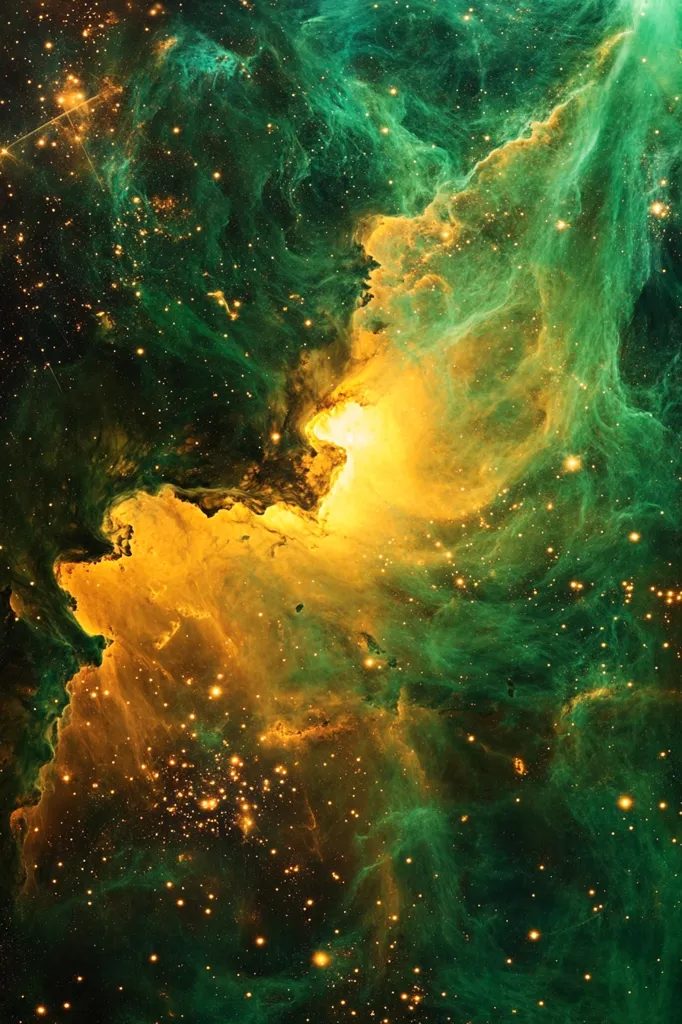 A vibrant nebula bursts with golden and emerald hues.  Swirling clouds of gas and dust create a dramatic cosmic landscape, speckled with countless stars.  The intense colors contrast beautifully, suggesting a region of active star formation. The image evokes a sense of vastness and the awe-inspiring beauty of the universe.