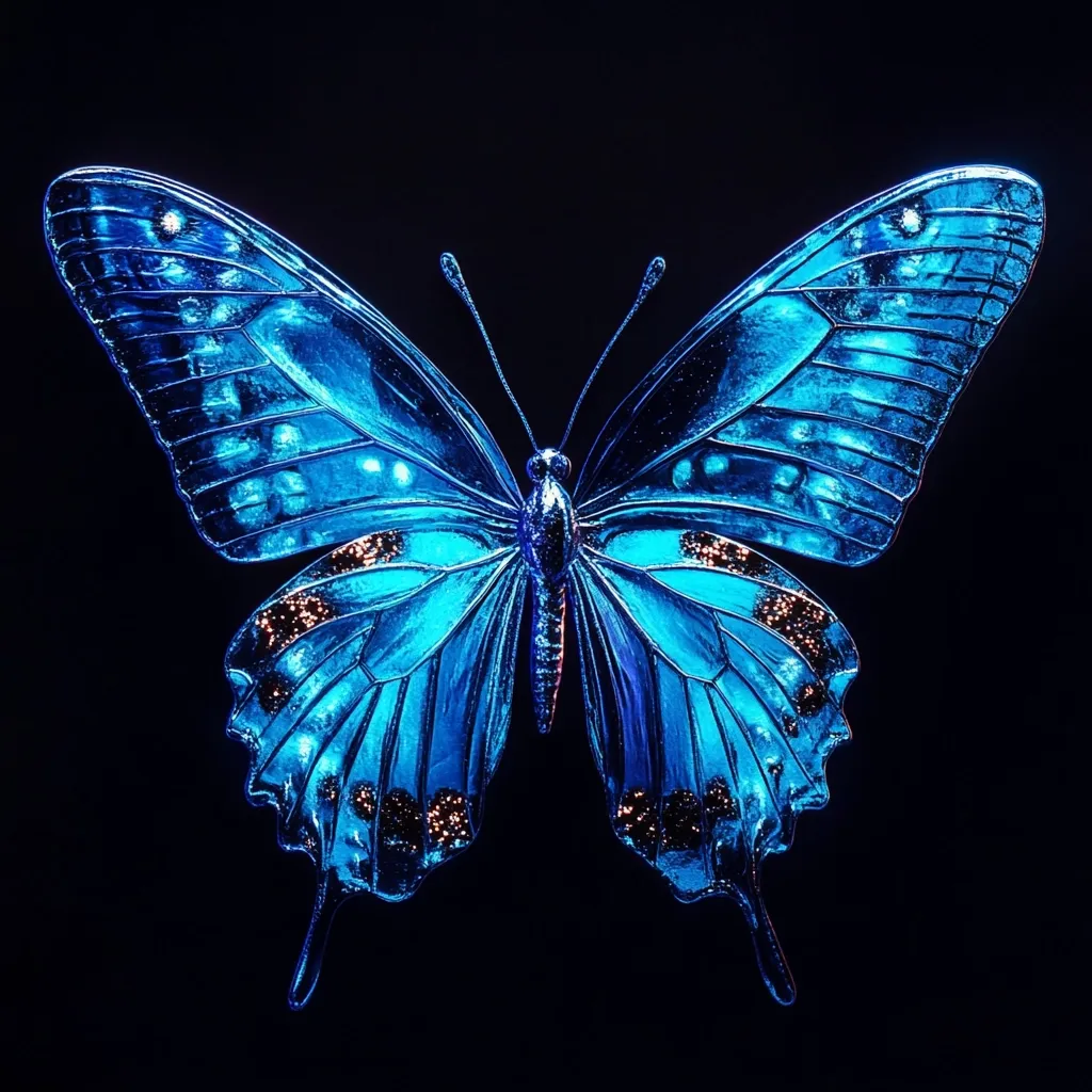 A vibrant, electric blue butterfly is depicted against a stark black background.  Its wings shimmer with a metallic sheen, adorned with smaller, darker blue accents along the edges.  The intricate details of the wings and body are sharply defined, creating a striking contrast against the darkness.  The butterfly appears almost otherworldly, possessing a surreal and captivating beauty.