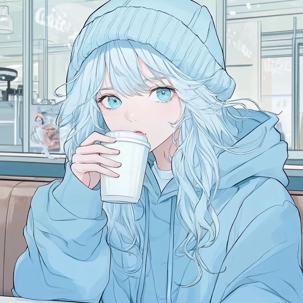 An anime-style girl with long, wavy light blue hair and a matching blue hoodie and beanie sits in a cafe.  She holds a disposable coffee cup to her lips, her large, expressive blue eyes gazing softly forward. The background suggests a modern, minimalist cafe setting.  The overall style is soft and serene, with a pastel color palette.