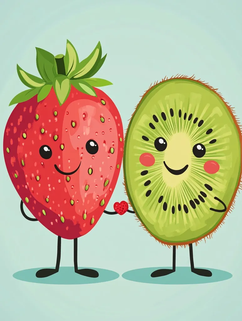 A cute illustration features a cartoon strawberry and kiwi holding hands.  The strawberry, bright red with tiny seeds, and the green kiwi slice, both have adorable smiling faces and small legs. They are holding a tiny red heart between them, symbolizing friendship or love.  The background is a soft teal color.