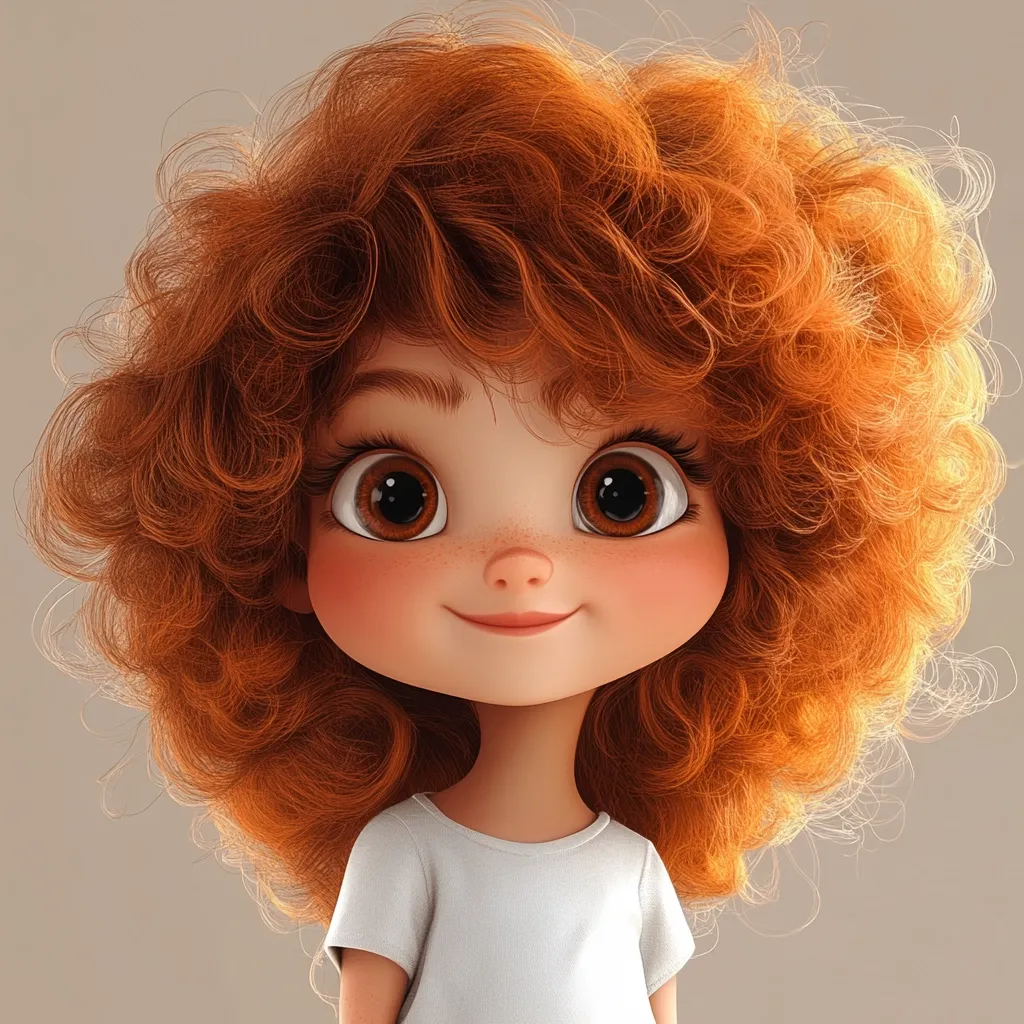 A charming 3D-rendered image depicts a girl with vibrant, curly orange hair.  Her large, expressive brown eyes and rosy cheeks give her a sweet and cheerful appearance. She's wearing a simple white t-shirt, and her overall style is cute and cartoonish. The detail in her hair and features is remarkable, creating a realistic yet whimsical character.