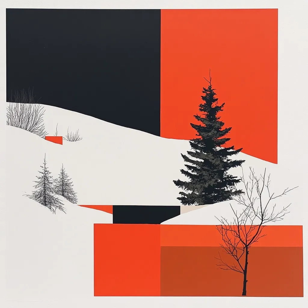 A stylized winter landscape features a snowy scene with geometric shapes in black and vibrant orange.  A central evergreen stands prominently against the orange backdrop.  Smaller evergreens and bare branches are interspersed, adding to the minimalist composition.  The interplay of sharp lines and contrasting colors creates a striking visual effect.