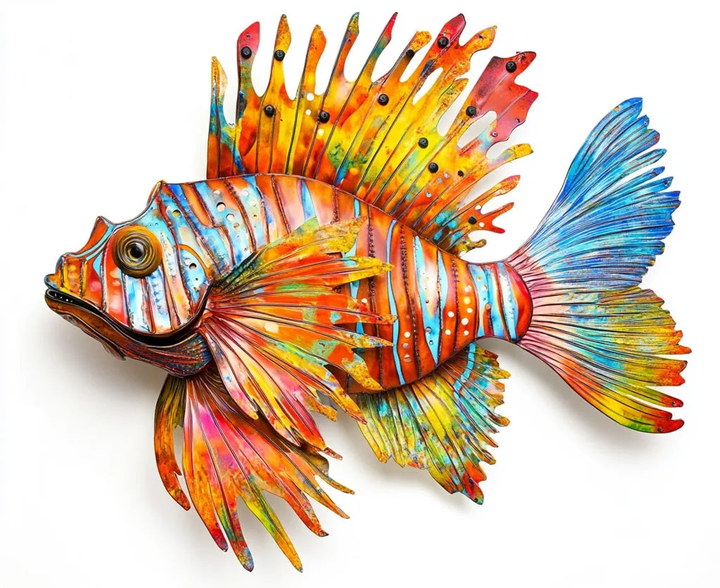 A vibrant, intricately detailed lionfish sculpture is presented against a stark white backdrop.  The artwork showcases a masterful use of color and texture, rendering the fish's fins and body in a spectrum of oranges, yellows, blues, and reds.  The metallic sheen suggests a material like copper or bronze, carefully shaped and assembled to create a three-dimensional representation of the marine creature.  The artist's skill is evident in the lifelike detail and the dynamic portrayal of the fish.