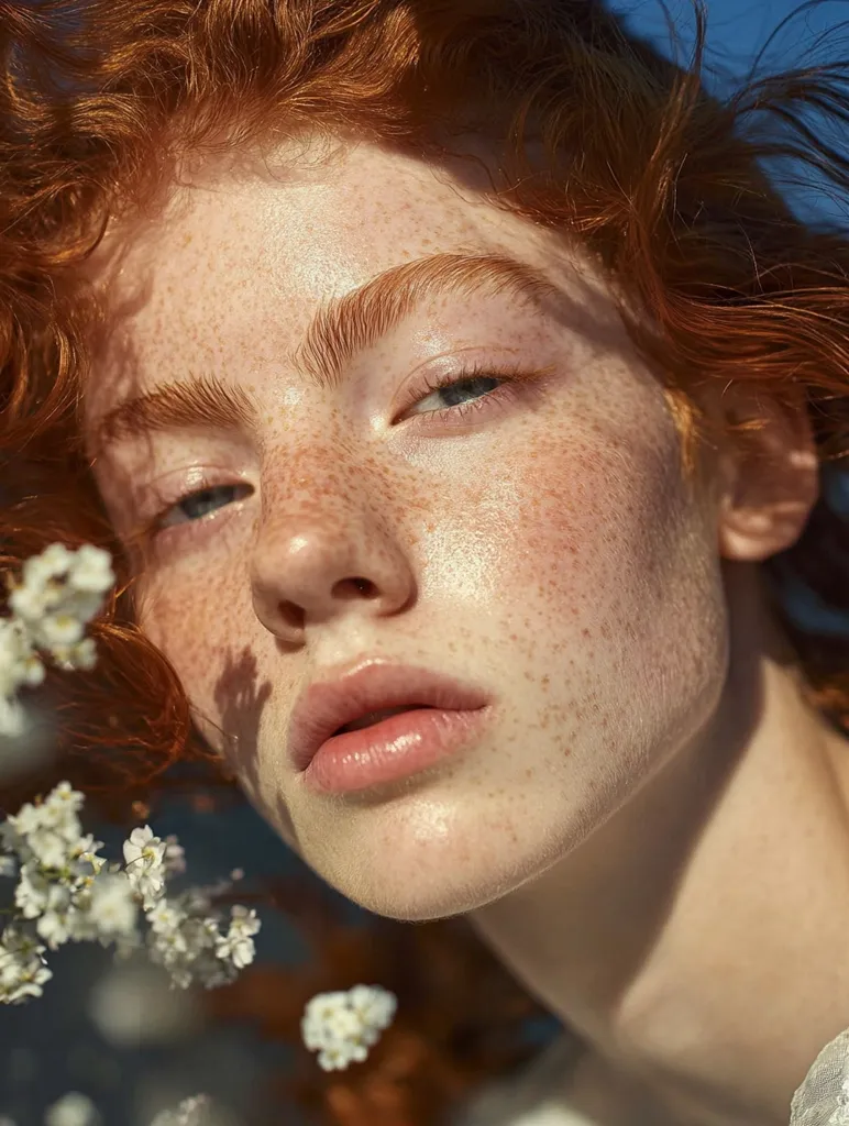 Close-up portrait of a young woman with vibrant red, curly hair and fair skin speckled with freckles.  Sunlight illuminates her face, highlighting her delicate features and light eyes.  She is partially surrounded by delicate white blossoms, creating a soft, ethereal atmosphere.  The overall impression is one of natural beauty and gentle serenity.