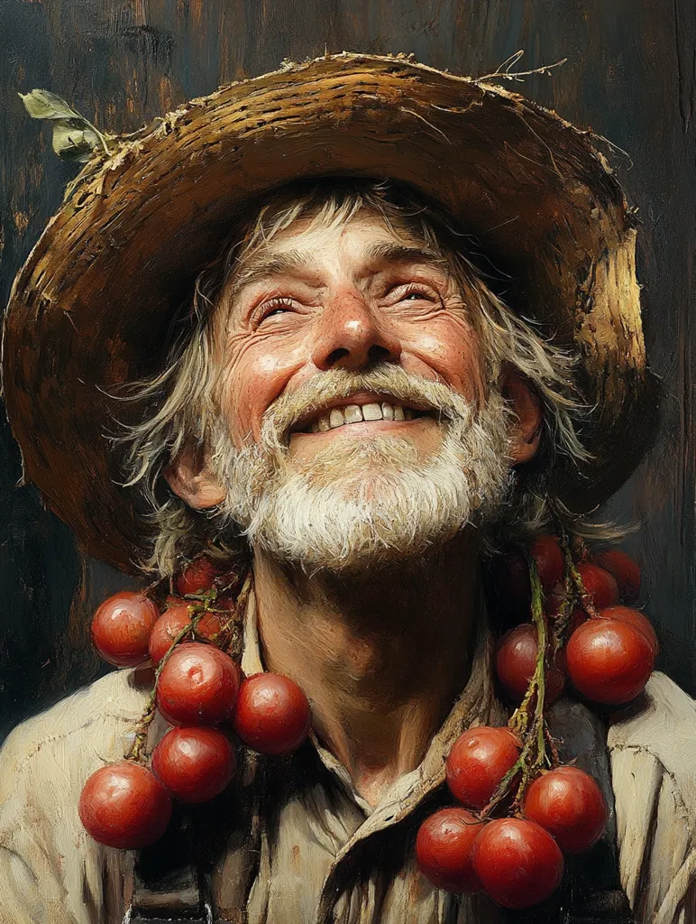 A close-up oil painting depicts an elderly man, his face etched with wrinkles and a wide, joyful smile, gazing upward.  He wears a worn straw hat and his neck is adorned with strings of ripe red tomatoes.  The painting's rich textures and warm tones create a feeling of rustic charm and contentment.  The man's expression suggests gratitude and a simple, fulfilling life.