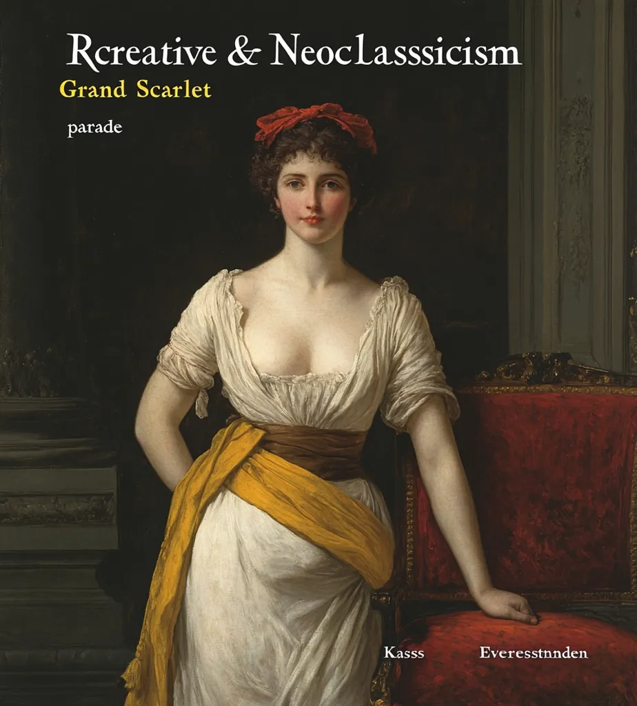 The image is a book cover featuring a neoclassical portrait of a woman.  She's elegantly dressed in a white gown with a gold sash, her dark hair adorned with a red ribbon. The background is dark and moody, contrasting with her pale skin and the bright accents of her clothing. The title, "Rcreative & Neoclassicism Grand Scarlet parade," is prominently displayed, suggesting the book's theme of art and history.  The artist's names, Kass and Everestnnden, are subtly placed at the bottom.