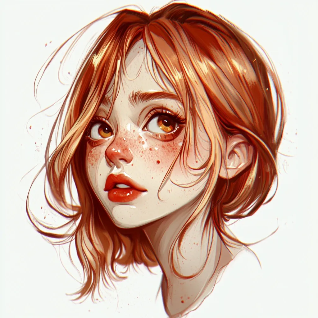 A digital painting of a young woman with shoulder-length, reddish-brown hair.  She has fair skin, scattered freckles, and large, expressive amber eyes. Her lips are painted a vibrant orange-red. The style is stylized and features a soft, painterly texture with a focus on warm tones. The woman's gaze is directed upward and slightly to the side, creating a dreamy, pensive expression.  The background is a simple white.