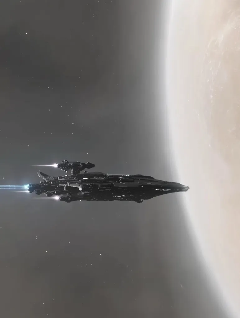 A large, dark grey spaceship, propelled by bright blue thrusters, travels through the cosmos.  The vessel, sleek and elongated, features smaller attached modules.  It passes a large, pale planet or gas giant, its surface dimly visible in the background against a dark, star-studded space. The scene evokes a sense of vastness and interstellar travel.