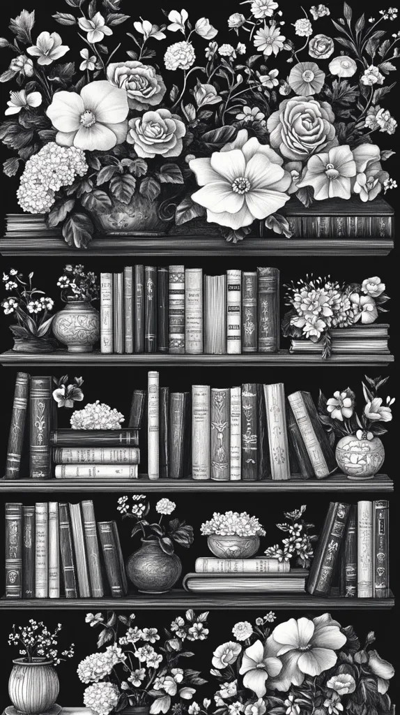 A grayscale illustration depicts a three-tiered bookshelf overflowing with books and adorned with various floral arrangements.  Each shelf is densely packed with books, their spines detailed with intricate designs.  The flowers, rendered in meticulous detail, are displayed in vases and bowls, adding a touch of elegance to the scholarly setting. The overall effect is one of rich, old-world charm.