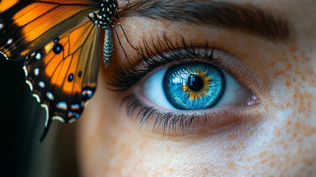 A close-up shot reveals a vibrant blue eye, speckled with freckles,  partially obscured by the wing of a striking orange and black butterfly. The butterfly's intricate details are visible, its wing resting delicately near the eye's outer corner.  Long, dark eyelashes frame the eye, enhancing its captivating beauty. The image is a striking blend of nature and human features.