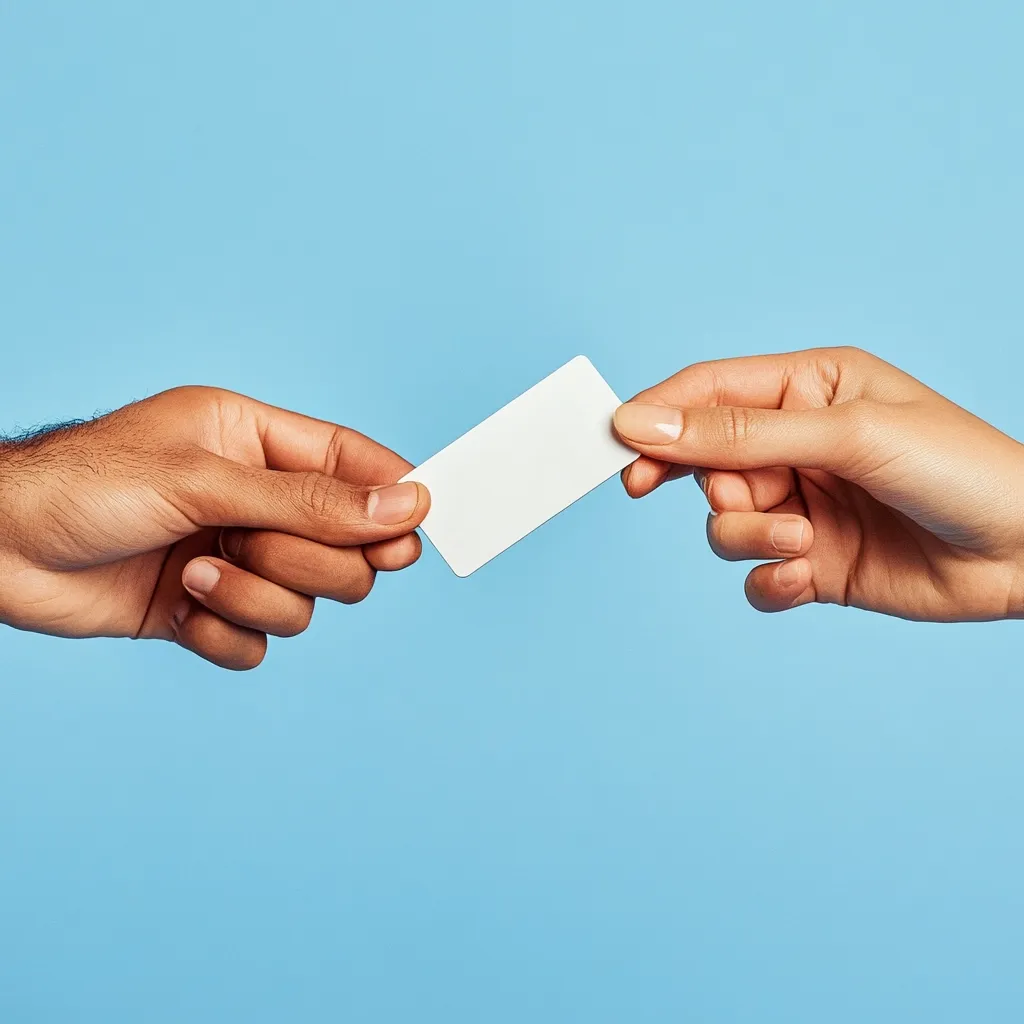 Two hands, one light-skinned and one dark-skinned, exchange a blank white rectangular card against a light blue background. The image is simple and focuses on the transfer of the card, suggesting a concept of exchange, connection, or information sharing.  The clean background emphasizes the act of handing over the card.