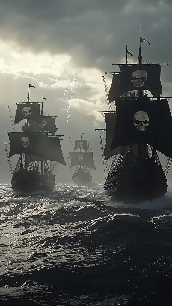 Three pirate ships, their black sails emblazoned with skull and crossbones, navigate a stormy sea under a dramatic sky.  A lightning bolt streaks across the clouds, illuminating the ominous scene. The ships, dark and imposing, cut through the waves, creating a powerful and evocative image of adventure and danger.  The atmosphere is one of mystery and impending conflict.