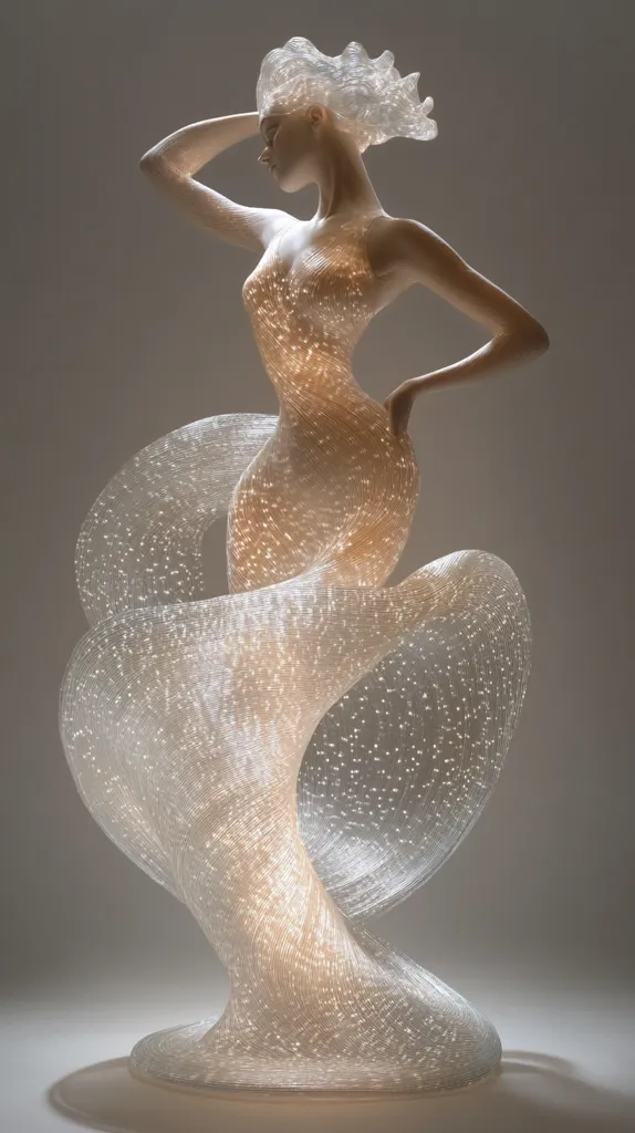 A luminous sculpture of a woman in a flowing dress.  The dress is composed of swirling, translucent fibers that emit a soft, internal light, creating a celestial effect.  The figure's pose is graceful and elegant, her hand resting gently on her head. The overall aesthetic is ethereal and modern, a captivating blend of form and light.