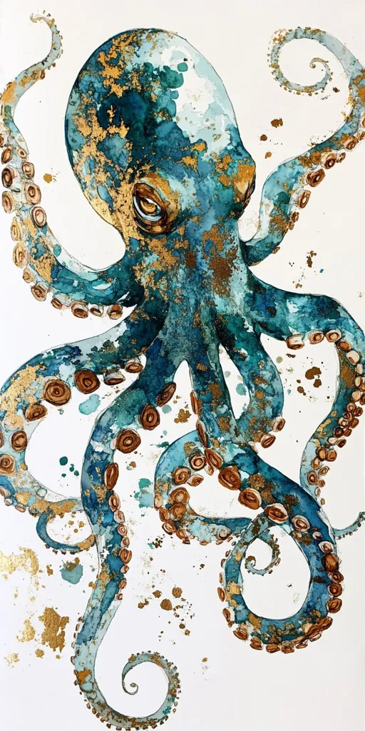A watercolor painting depicts an octopus in teal and gold.  The octopus's body and eight tentacles are detailed with gold accents, giving a luxurious, almost ethereal quality.  The tentacles curl and twist dynamically, suggesting movement.  The background is white with subtle splashes of gold paint, enhancing the overall artistic effect. The style is evocative of marine life and blends realism with abstract elements.