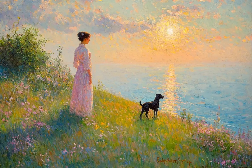 A woman in a pale pink dress stands on a grassy hill overlooking a calm sea at sunset.  Her black dog sits beside her, both gazing out at the tranquil water reflecting the golden light.  Wildflowers bloom abundantly around them, adding to the peaceful and serene atmosphere of the painted landscape. The style is impressionistic, with loose brushstrokes capturing the soft light and colors.