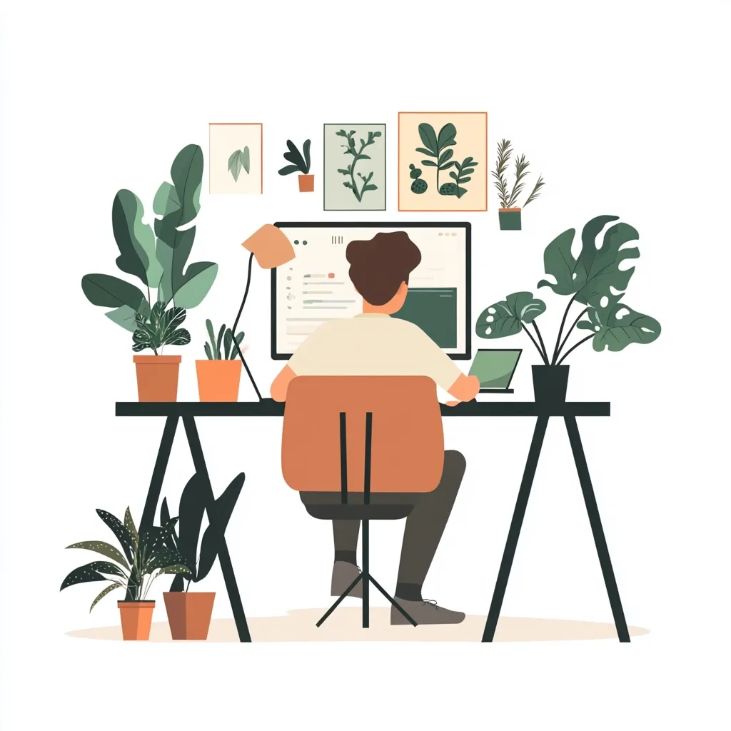 A person sits at a desk facing a computer, working from home in a plant-filled room.  Numerous potted plants adorn the desk and walls, creating a calming, nature-inspired workspace. The desk is minimalist and modern, with a simple A-frame design. The person's back is to the viewer, suggesting focus on their work.  The overall scene evokes a sense of tranquility and productivity.