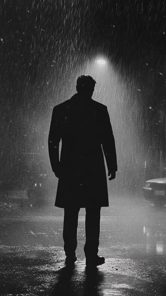 A solitary figure, cloaked in a long coat, stands silhouetted against a backdrop of heavy rain.  A distant streetlight casts a weak glow, illuminating the downpour. The scene is monochromatic, emphasizing the somber mood. The man's back is to the viewer, his posture suggesting contemplation or solitude in the nocturnal downpour.  A blurry car is partially visible in the background.
