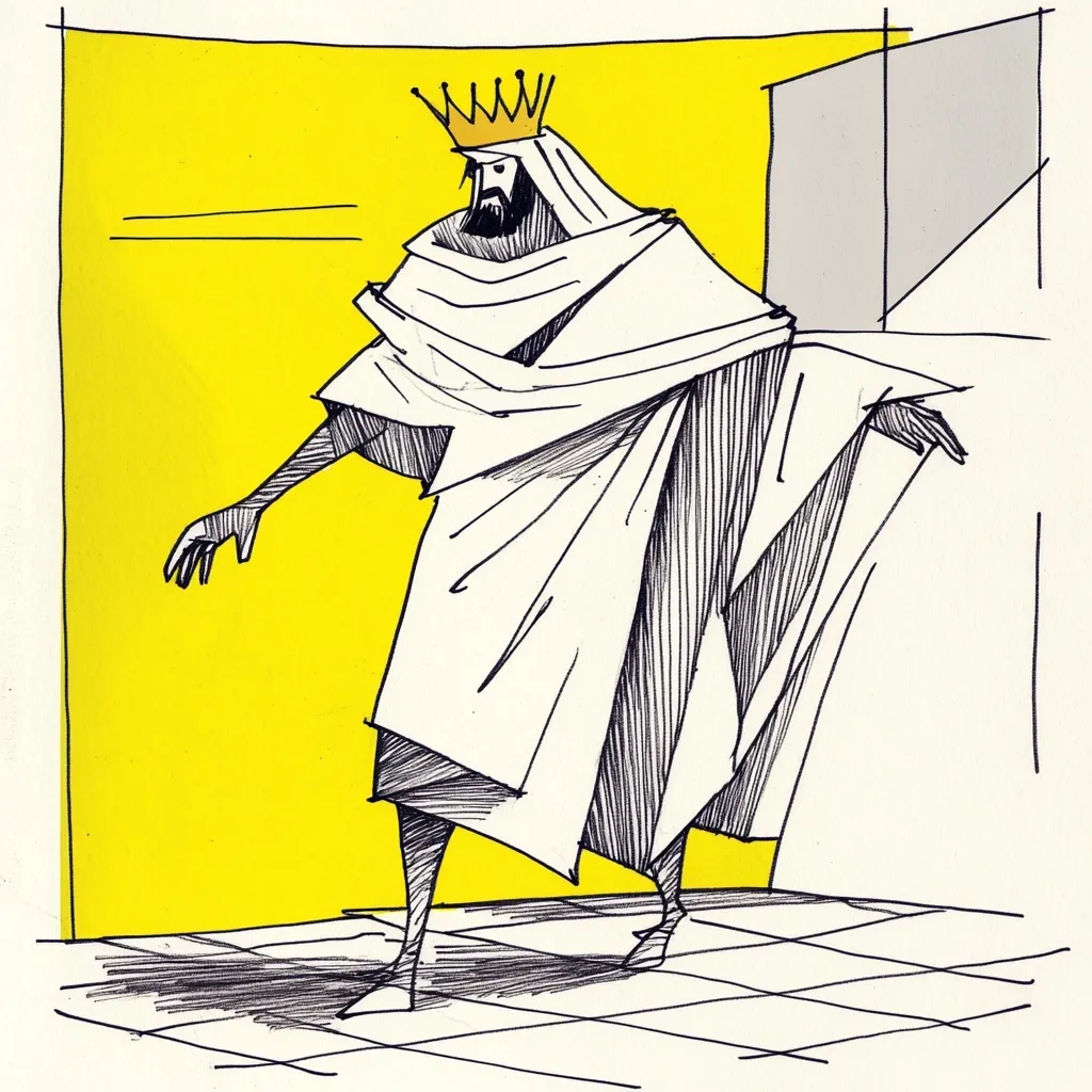 A stylized line drawing depicts a king, crowned and robed in flowing white garments.  His figure is elongated and angular, against a bright yellow wall.  The king's posture suggests movement, perhaps a stride or gesture, within a simple, geometrically-defined space. The style is reminiscent of graphic novels or illustration.