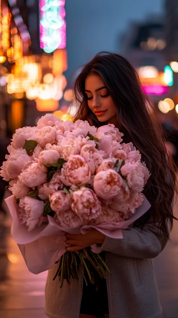 A young woman with long brown hair stands in a city street at night, holding a large bouquet of light pink peonies.  The background is blurred, showcasing bright neon lights and a bustling urban scene.  She is wearing a light grey cardigan. The image evokes a romantic and dreamy atmosphere.