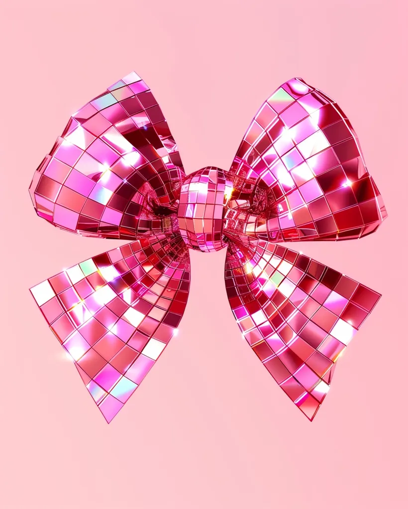 A dazzling pink disco ball bow is presented against a soft pink backdrop.  The bow's reflective surface captures and scatters light, creating a vibrant, celebratory image.  Its mirrored squares shimmer with iridescent highlights, adding to its glamorous and festive appeal. The central knot is also a small disco ball, mirroring the larger design.