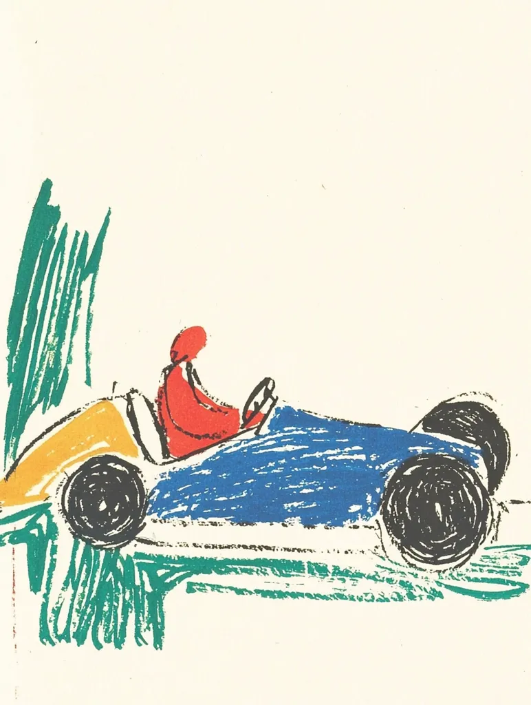 A vibrant, stylized print depicts a race car in motion.  The car is predominantly blue, with a yellow section at the front and black wheels.  A red-clad driver is visible behind the wheel.  The background features expressive green brushstrokes suggesting a landscape or foliage, adding to the artwork's dynamic energy and playful style.  The overall impression is one of speed and artistic freedom.