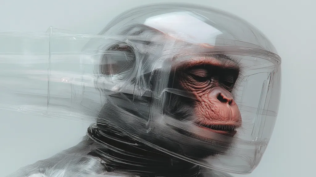A chimpanzee's face is partially visible within a transparent helmet, the design of which appears futuristic and somewhat damaged.  The helmet's clear material allows the chimp's wrinkled features and closed eyes to be seen.  The overall impression is one of both vulnerability and technological advancement, creating a surreal and thought-provoking image.  The background is a simple, light gray.