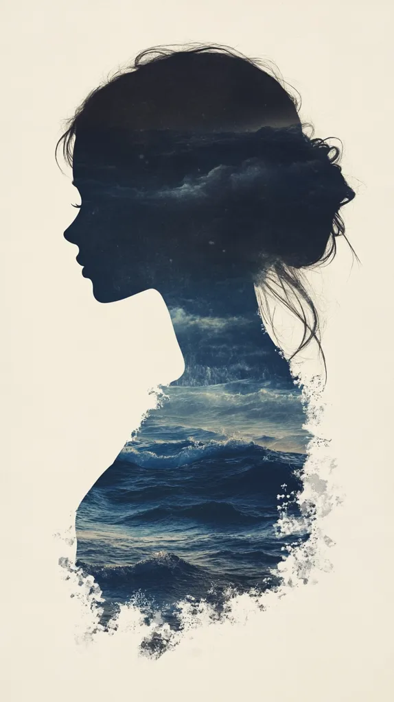 A double exposure image depicts a woman's silhouette overlaid with a stormy sea.  Her profile is serene, contrasting with the turbulent waves within her form. The dark, moody tones create a sense of depth and mystery, suggesting a connection between inner turmoil and outward calm.  The edges are subtly faded, adding to the ethereal quality of the artwork.