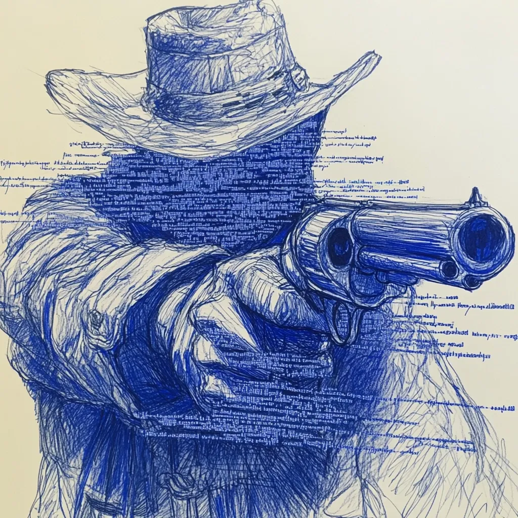 A blue ink pen drawing depicts a cowboy, wearing a wide-brimmed hat, aiming a revolver. The cowboy's face and clothing are rendered with densely packed, script-like text that obscures his features. The overall style is expressive and textured, suggesting a blend of realism and abstraction.  The background is a light beige, providing contrast to the dark blue lines of the drawing. The image evokes a sense of mystery and the concealed identity of the subject.
