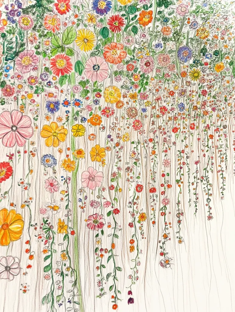 A vibrant colored pencil drawing depicts a profusion of flowers.  Numerous blossoms in diverse colors and shapes cascade downwards, creating a lush, almost overflowing floral arrangement.  The flowers appear to hang from thin, delicate stems against a light background, resembling a floral tapestry or a whimsical garden overflowing with blooms.  The detailed rendering of each individual flower contributes to the overall richness and intricacy of the piece.