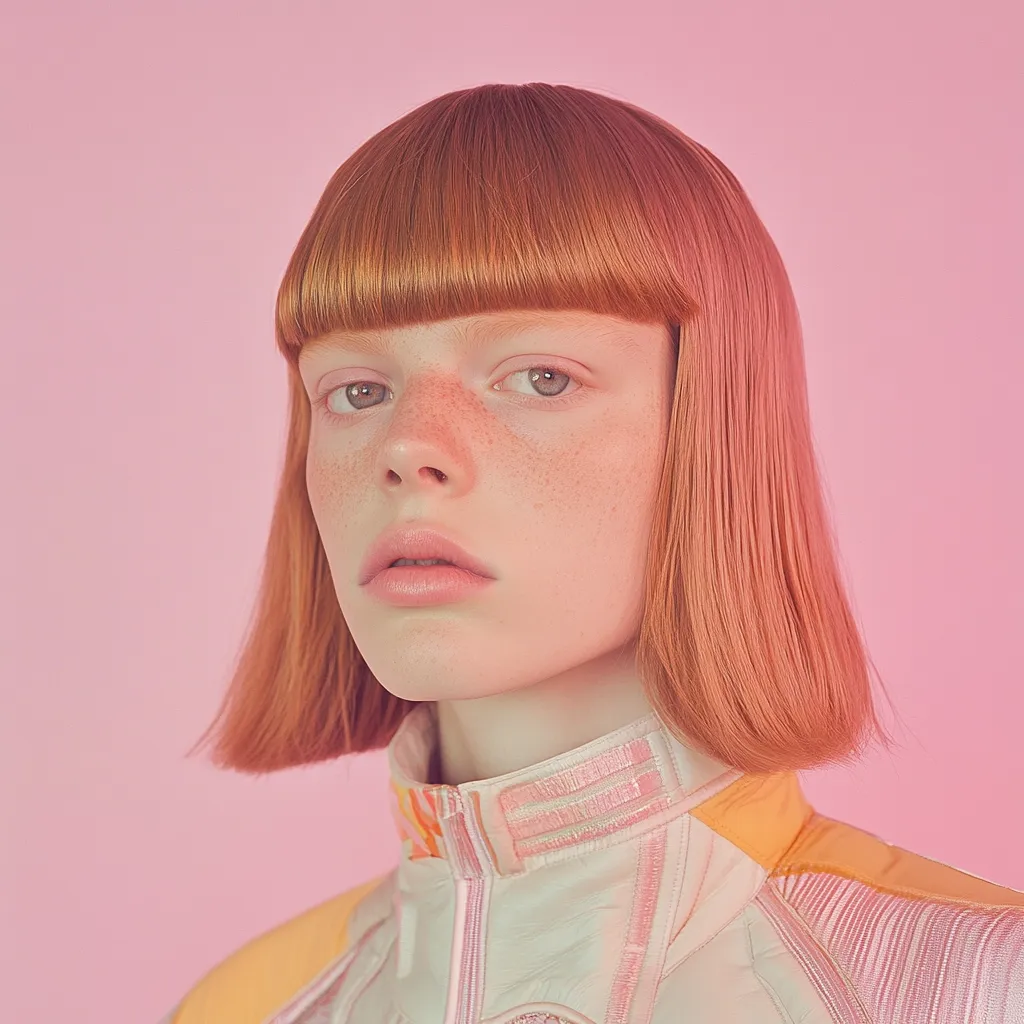 Close-up portrait of a young woman with light skin and freckles. She has a blunt, chin-length bob of light orange hair with straight bangs.  She is wearing a pale, futuristic-style jacket with pastel yellow and pink accents. The background is a solid, soft pink.  The overall aesthetic is dreamy and slightly surreal.