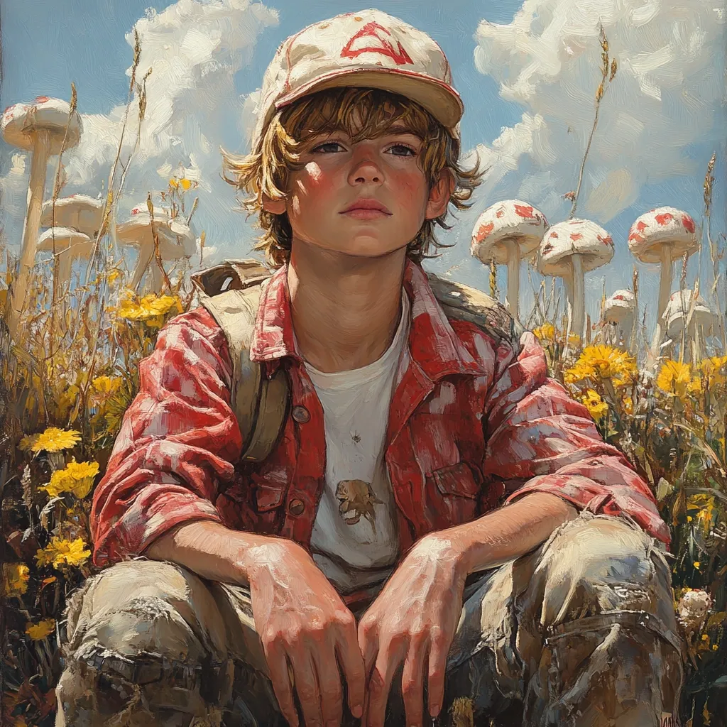 A young boy, wearing a red and white plaid shirt, khaki pants, and a baseball cap, sits amidst a field of yellow flowers and large, white mushrooms.  His expression is serious and contemplative.  He carries a tan backpack. The painting is rendered in a realistic style with visible brushstrokes, capturing a sunny, outdoor scene. The overall mood is one of quiet solitude and adventure.