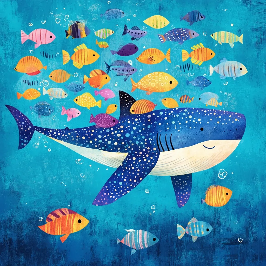 A large, friendly-looking whale shark swims in a vibrant turquoise ocean, surrounded by a multitude of colorful fish.  The shark is speckled with white dots on its blue body. The smaller fish are various shapes, sizes, and bright colors, creating a lively underwater scene.  The style is playful and illustrative, with a textured background suggesting depth and movement in the water.