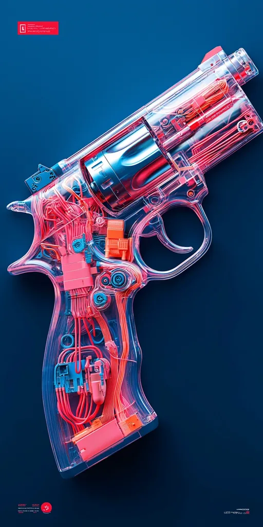 A transparent revolver is depicted against a deep blue background.  Its internal mechanisms, including wiring and components, are vividly rendered in shades of pink and teal. The image showcases a detailed, almost anatomical, view of the firearm's intricate construction, creating a striking visual contrast between the weapon's form and its exposed inner workings. The style is futuristic and graphically bold.