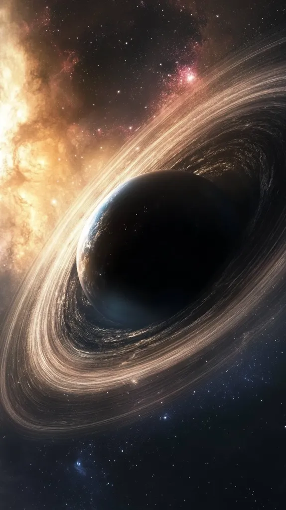 A captivating image depicts a celestial body, possibly a planet or star, shrouded by a massive, swirling accretion disk.  The disk is a breathtaking spectacle of swirling gold and brown hues, contrasting against the dark backdrop of space.  Distant stars and a nebula with warm, golden tones add depth and dimension to this cosmic scene, creating an awe-inspiring and mysterious vista.