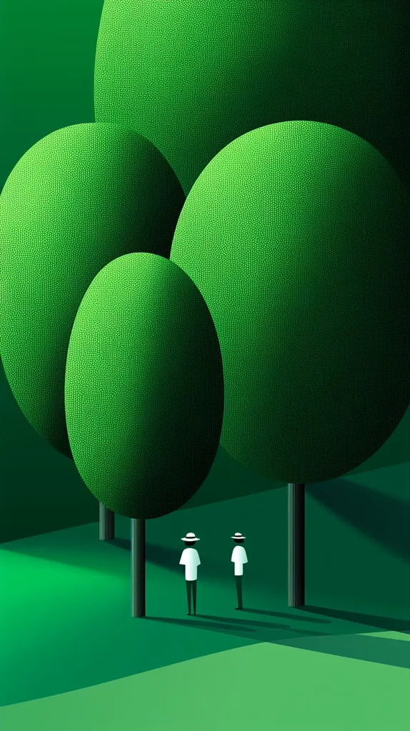 A stylized illustration depicts two figures in white shirts and hats standing beneath large, vibrant green, spherical trees. The trees are rendered with a textured, almost fabric-like surface. The scene is bathed in a soft, green light, creating a serene and minimalist atmosphere. The overall style is simple yet visually engaging, with a focus on shape and color.