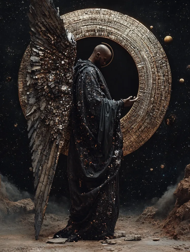 A bald, dark-skinned figure, clad in a flowing black robe adorned with gold flecks, stands before a large, circular, gold-toned structure resembling a celestial ring.  Vast, dark, intricately detailed wings extend from the figure's back.  The scene is set against a backdrop of swirling dust and a star-filled night sky, creating a dramatic and otherworldly atmosphere. The overall impression is one of celestial power and mystery.