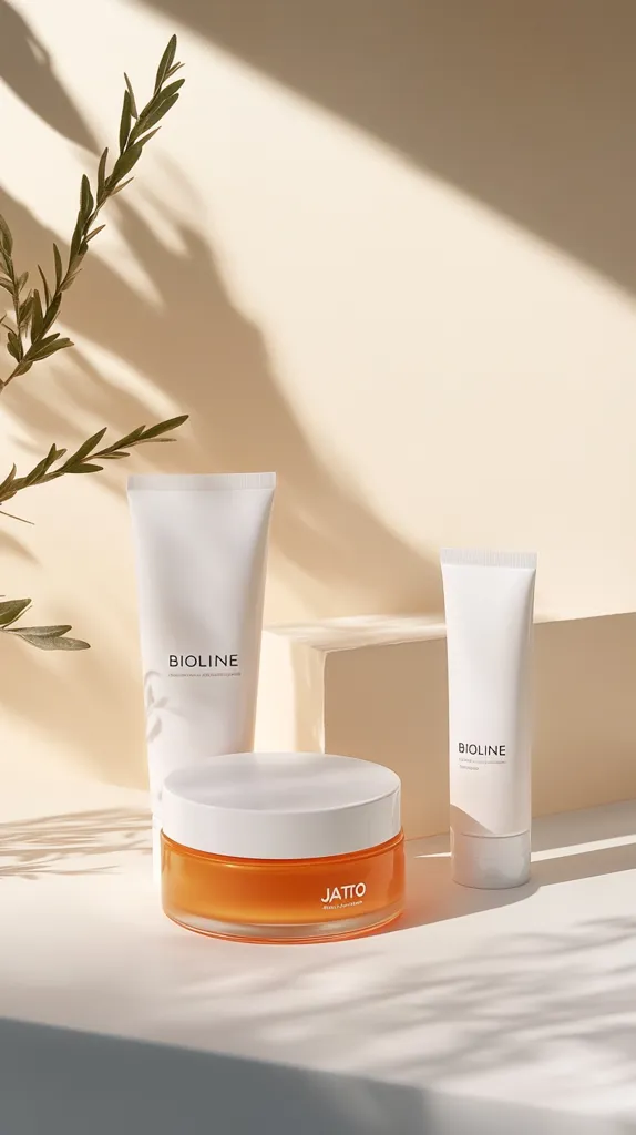 A minimalist beauty product display features two Bioline tubes and a Jatto jar.  The tubes are white with minimal branding, and the jar contains an orange product.  They are arranged on a light beige surface, with a branch casting shadows. The overall aesthetic is clean, modern, and sophisticated.  Sunlight streams into the scene, highlighting the products.