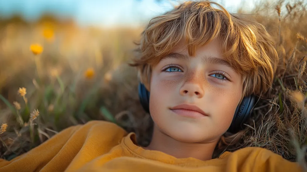 A young boy with light blond hair and freckles lies in a field of tall grass, wearing headphones and a mustard-yellow sweater.  His eyes are closed, suggesting peace and relaxation as he enjoys the sounds around him.  The warm sunlight bathes the scene, creating a serene and idyllic atmosphere.  He appears calm and content.