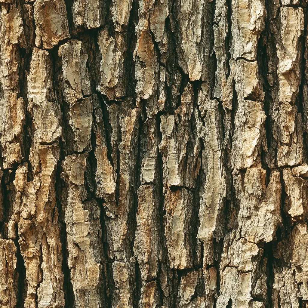 The image shows a close-up view of tree bark.  The bark is textured with deep vertical furrows and cracks, exhibiting a range of brown and tan tones. The surface is rough and uneven, revealing the tree's age and the natural process of growth and weathering.  The bark's texture is detailed and shows a pattern of vertical ridges and crevices.