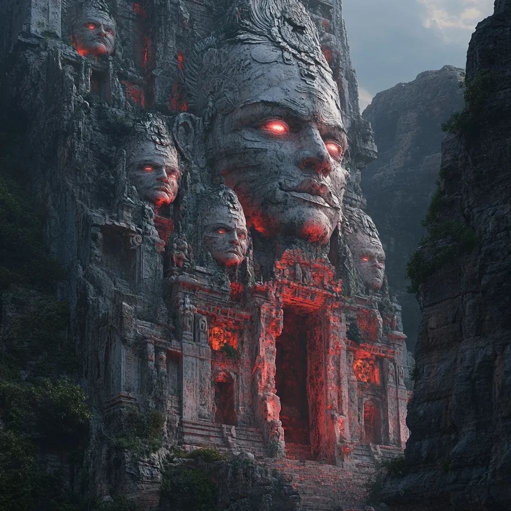 A colossal stone edifice, carved into a cliff face, dominates the scene.  Intricate carvings of numerous faces, their eyes glowing with an eerie red light, adorn the structure.  A large central doorway, also glowing red, leads into the mountain's depths.  The overall impression is one of ancient, perhaps malevolent, power.  Surrounding vegetation suggests a remote, possibly forgotten location.