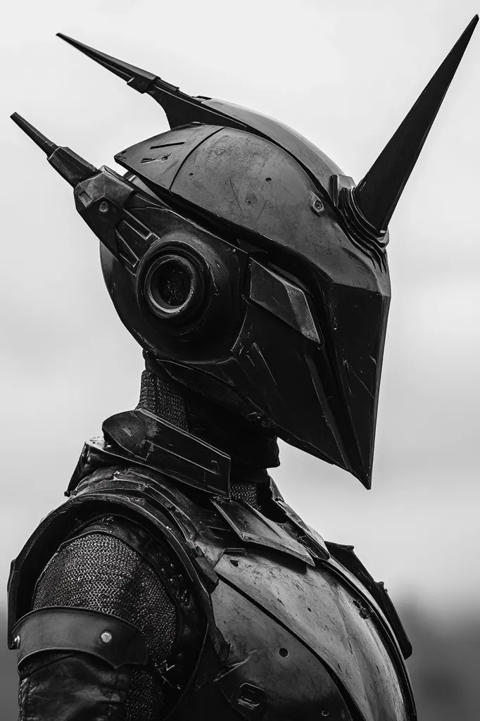 A striking monochrome close-up captures a futuristic warrior, clad in intricately detailed, dark armor. The helmet, a dominant feature, is angular and imposing, with a sharp, upward-pointing horn. The armor's surface appears weathered, suggesting battles fought. The overall aesthetic blends science fiction and medieval knightly attire, creating a powerful and enigmatic image.