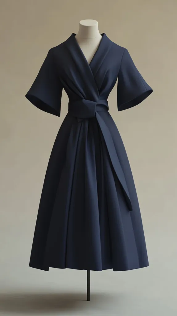 A navy blue midi dress with a wrap bodice and short sleeves is displayed on a mannequin. The dress features a self-tie belt cinching the waist and a gently flared skirt.  The fabric appears to be a structured material, creating a clean and sophisticated silhouette. The overall style evokes a classic, minimalist aesthetic.