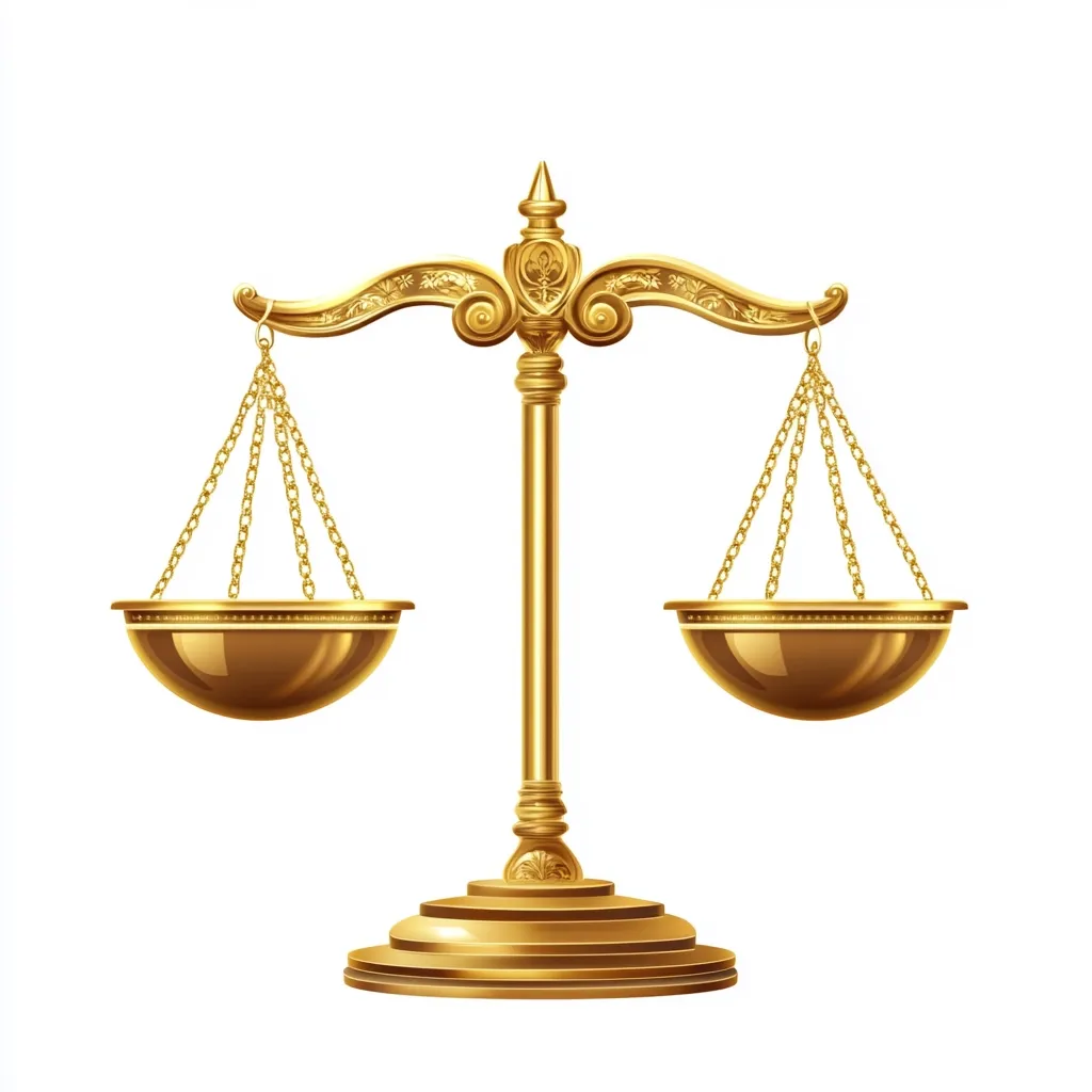 A golden scale of justice is depicted against a white background.  The scales are ornate, with intricate detailing on the beam and base.  The bowls hang from delicate gold chains, suggesting a balance of equality and fairness. The gleaming gold finish contributes to a sense of authority and prestige.  The image is highly polished and realistic in its representation.