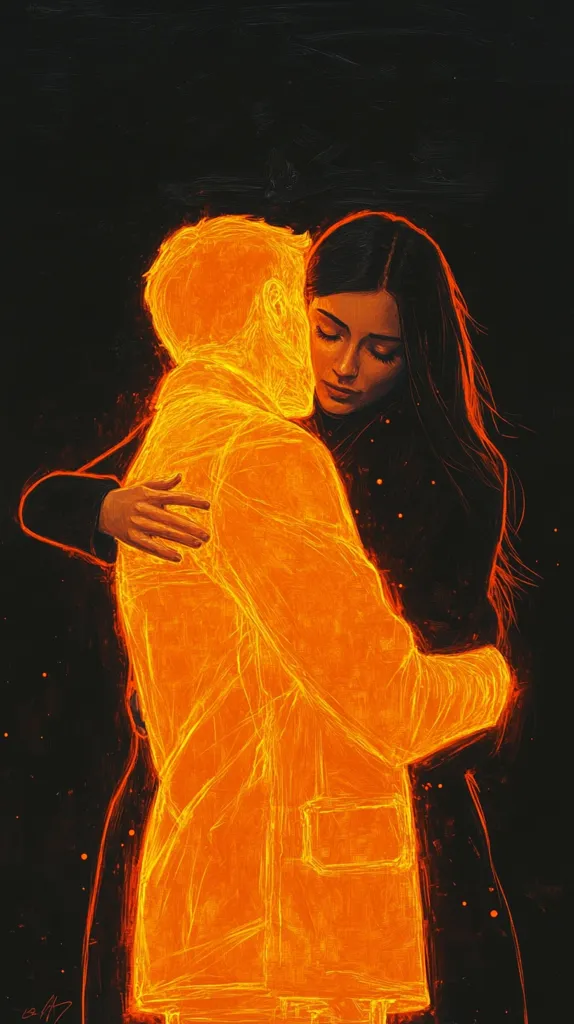 A stylized artwork depicts a couple embracing against a dark background. The man's form is rendered in vibrant orange, appearing almost fiery or ethereal, while the woman is darker, her features subtly defined. Her hand rests gently on his back, conveying intimacy and warmth. The style is reminiscent of digital painting or illustration, with a focus on emotional expression through color and form.  The overall mood is tender and slightly melancholic.