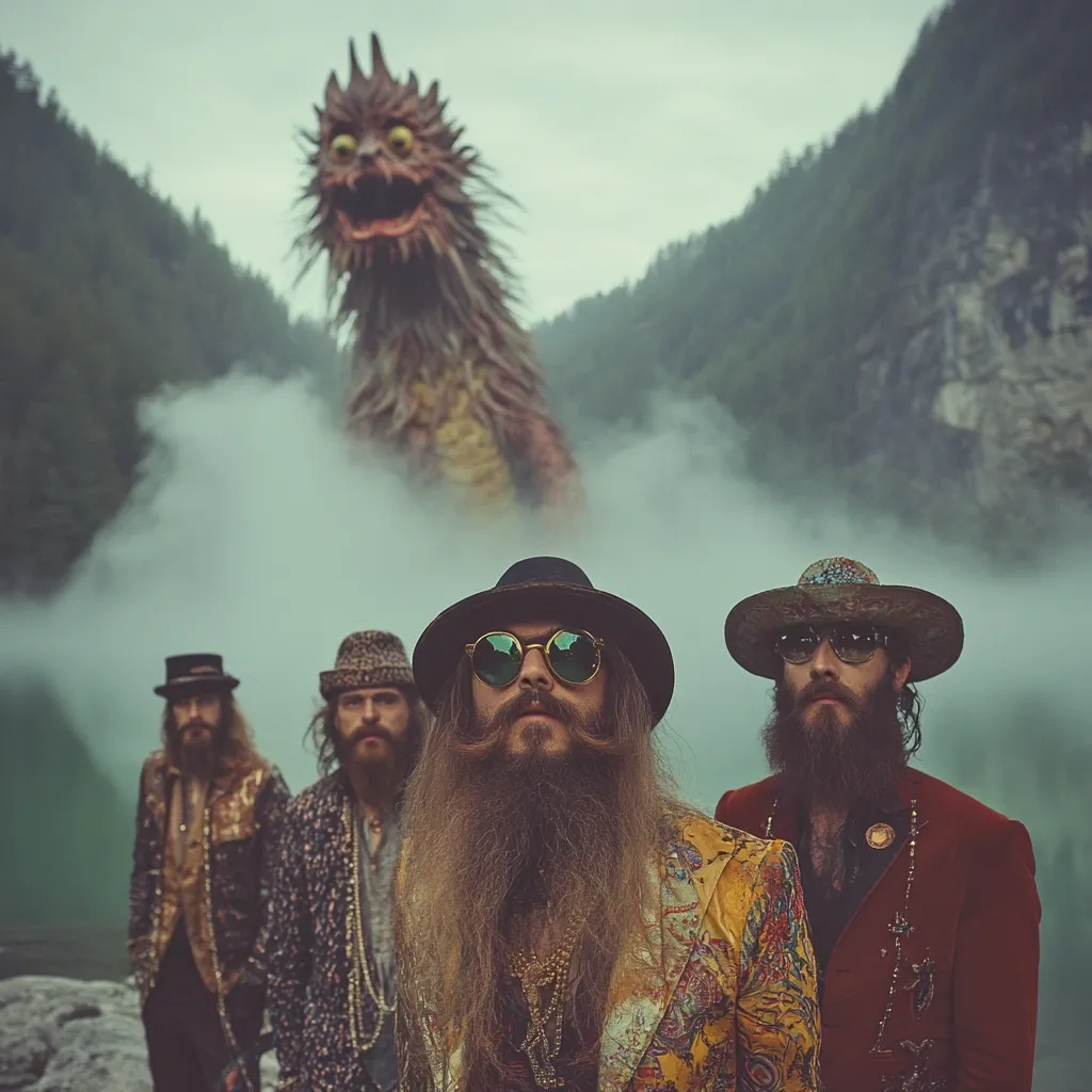 A band of four long-haired, bearded men in vintage-style clothing stand before a large, monstrous creature emerging from a misty lake.  The backdrop features a mountainous, forested landscape. The band members wear hats and sunglasses, exuding a mystical, psychedelic vibe.  The overall image is atmospheric and dramatic, suggesting a fantastical setting.