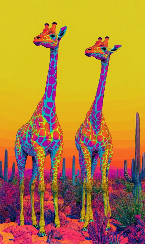 Two vibrant giraffes, rendered in a psychedelic array of neon pinks, oranges, and blues, stand amidst a desert landscape.  Tall cacti punctuate the arid scene, which is bathed in a bright, almost hallucinatory yellow light. The giraffes' coats are intricately detailed, creating a striking contrast against the simplified desert background. The overall effect is surreal and visually captivating.