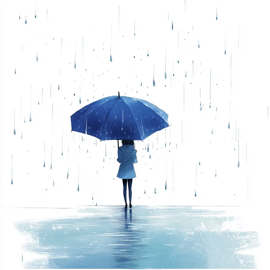 A lone figure, a girl in a light coat, stands under a large blue umbrella in a gentle rain.  The rain falls vertically, creating a serene yet melancholic atmosphere.  She faces away, her back to the viewer,  creating a sense of isolation and contemplation. The reflection of the scene is visible in a puddle at her feet. The overall style is minimalist and evocative of quiet sadness.