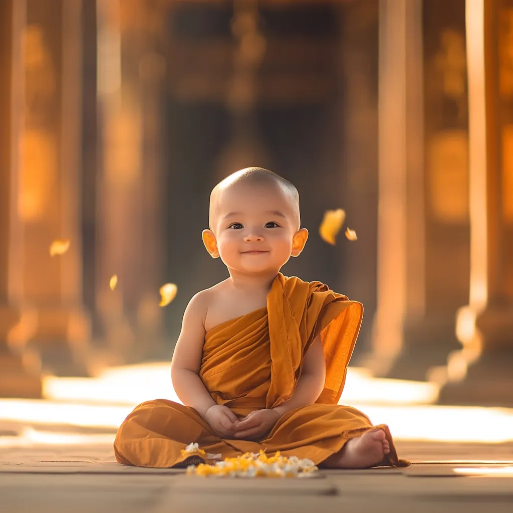 A serene baby, bald and clad in a saffron-colored monk's robe, sits cross-legged on a wooden floor.  Golden sunlight illuminates the scene, with falling petals adding a touch of magic. The baby's peaceful expression and the temple-like setting create a contemplative and heartwarming image.  The overall impression is one of innocence and spiritual tranquility.